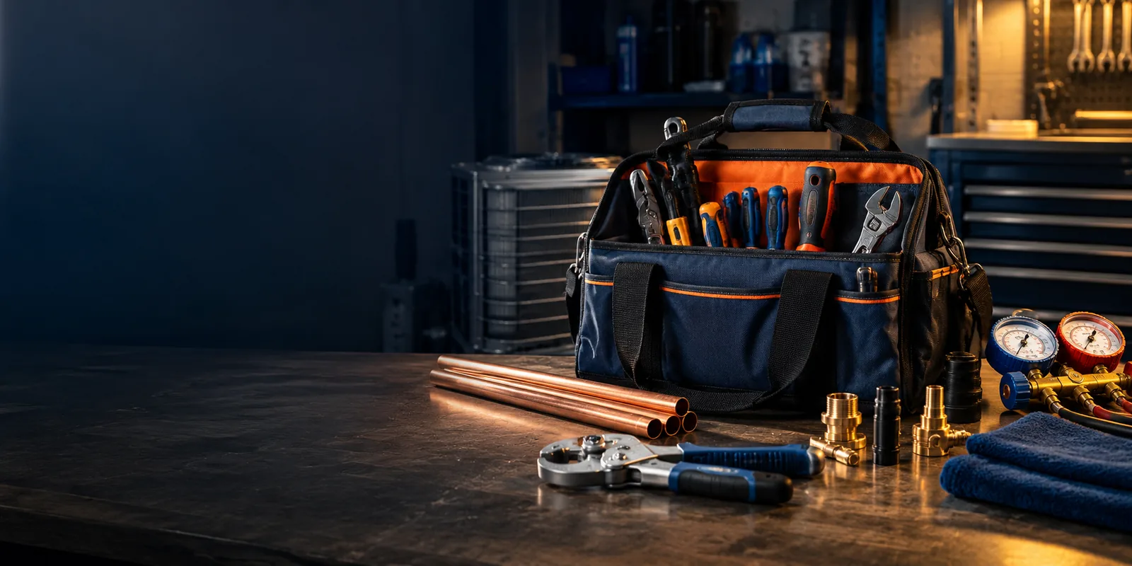 Professional tool bag with plumbing and HVAC equipment on workshop floor
