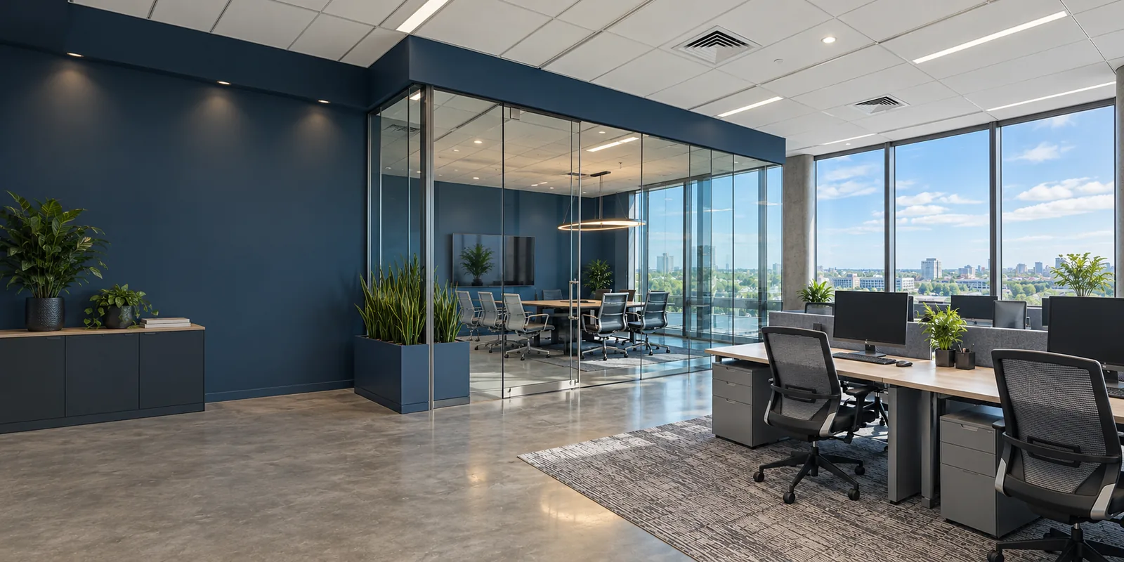 Modern office space with glass conference room, wooden desks, mesh chairs, and city skyline views