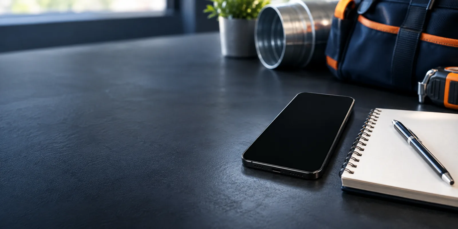 Smartphone and notepad on dark desk with tools and safety gear in background