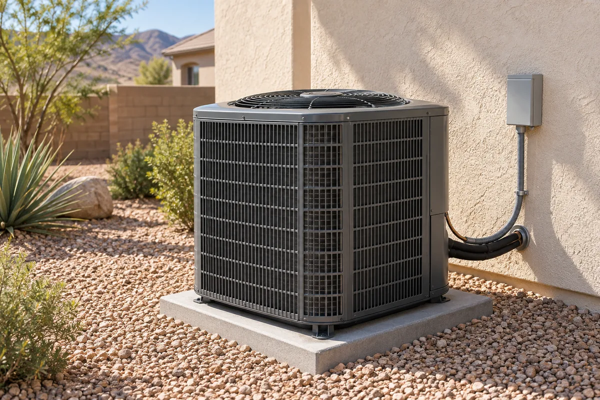 Outdoor air conditioning unit mounted on concrete pad beside residential home with desert landscaping