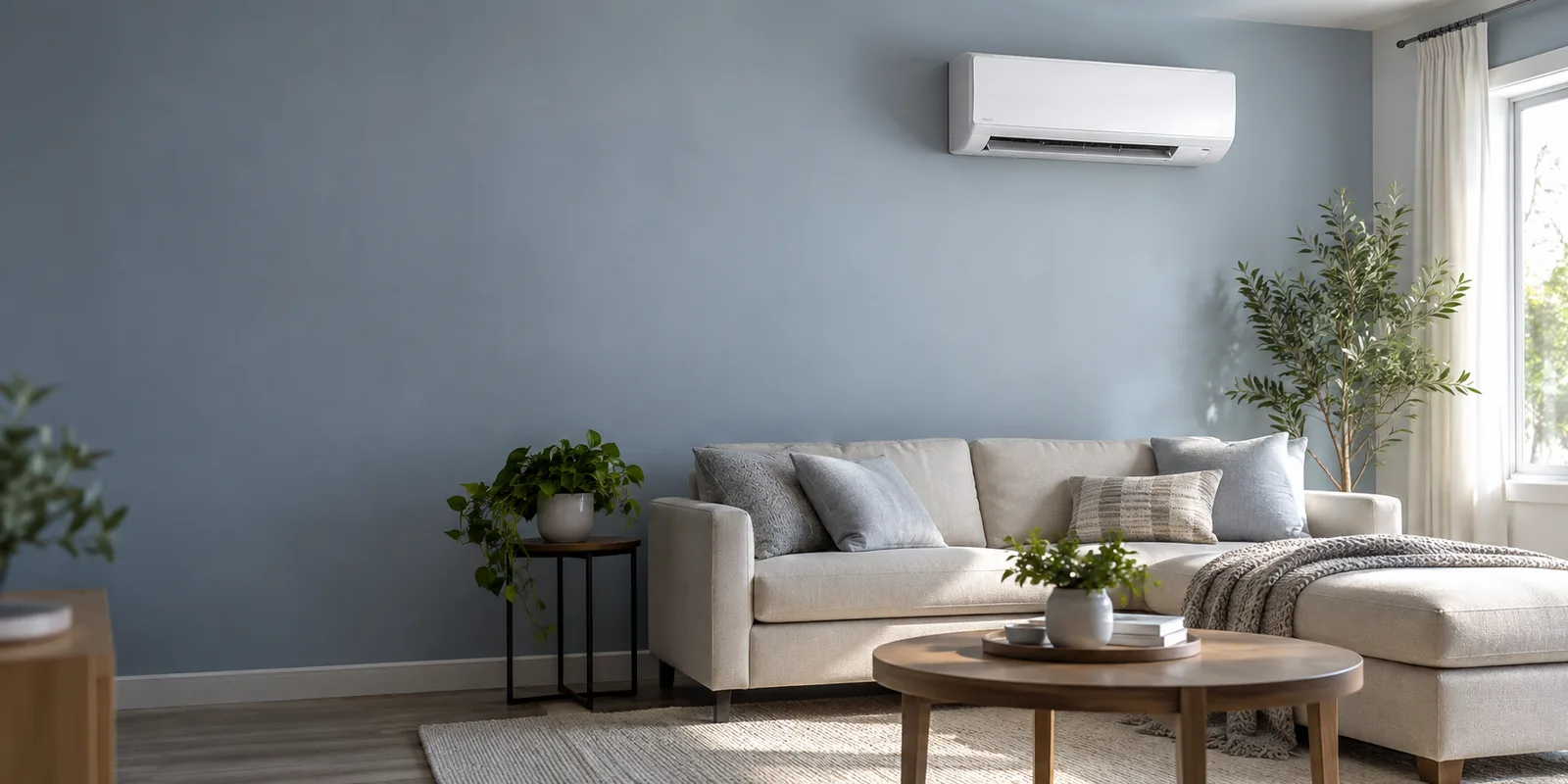 Modern living room with beige sectional sofa, round wood coffee table, wall-mounted air conditioning unit, and potted plants