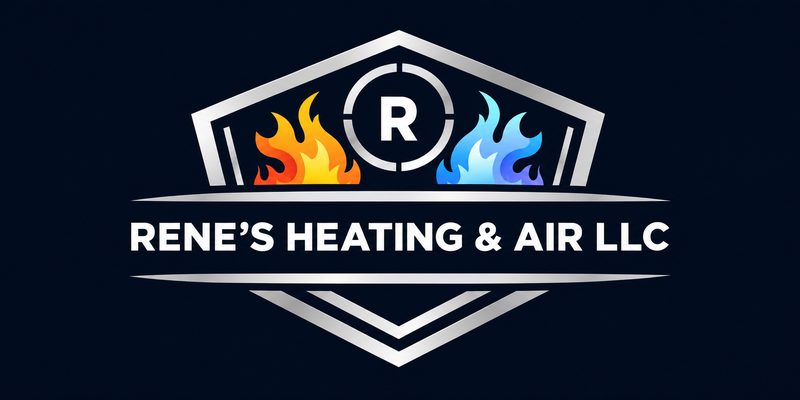 Rene's Heating & Air LLC logo with red flame and blue ice flame icons on dark background