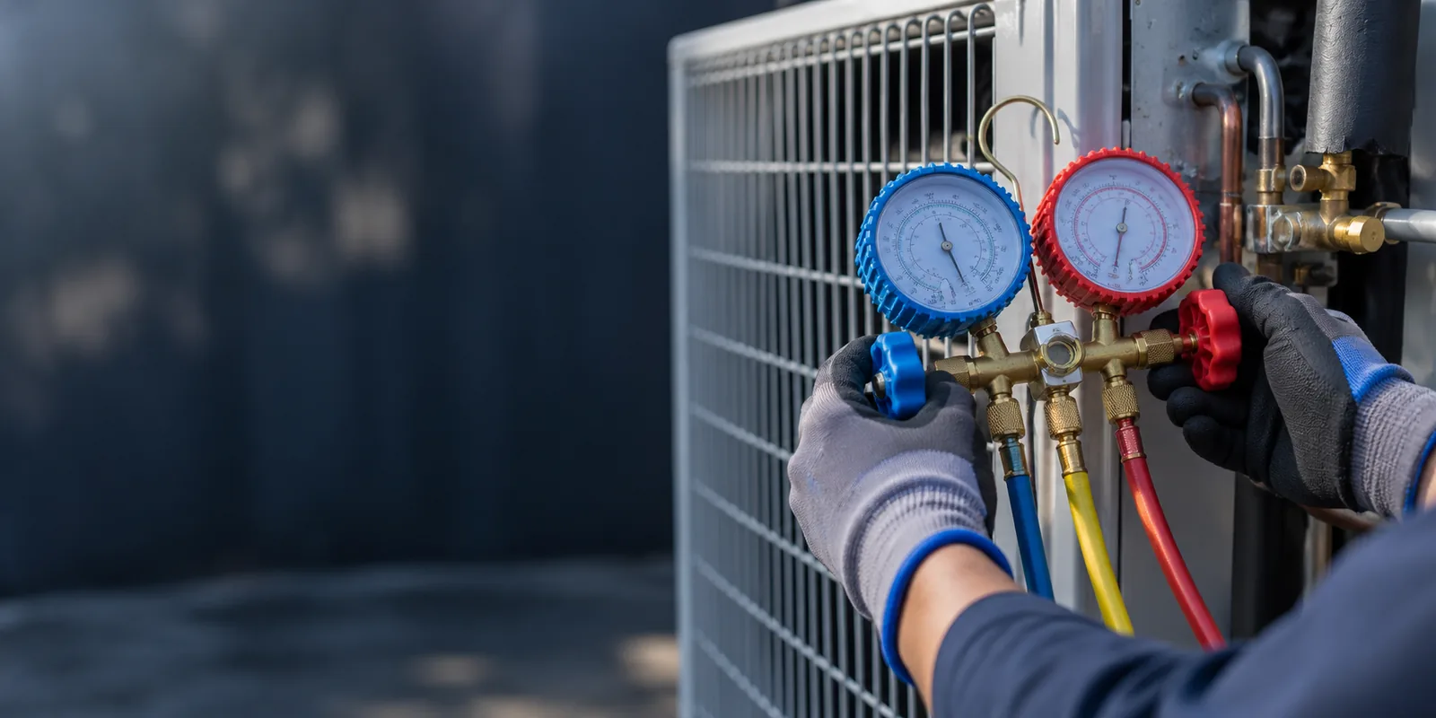 Technician holding manifold gauges with blue and red pressure gauges connected to outdoor AC unit