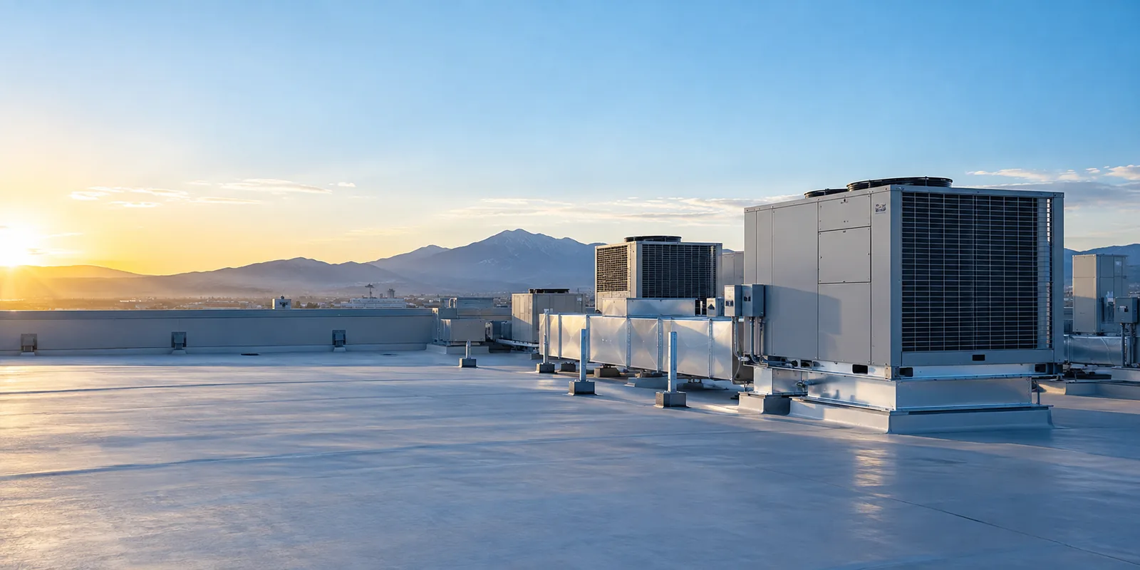 HVAC units on commercial rooftop at sunrise with mountain views